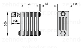 Схема (чертеж) Радиатор Zehnder Charleston 4030/5 №V012 Белый глянцевый RAL 9016